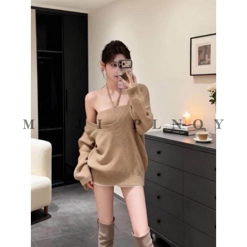 长袖毛衣挂脖系带背心两件套女