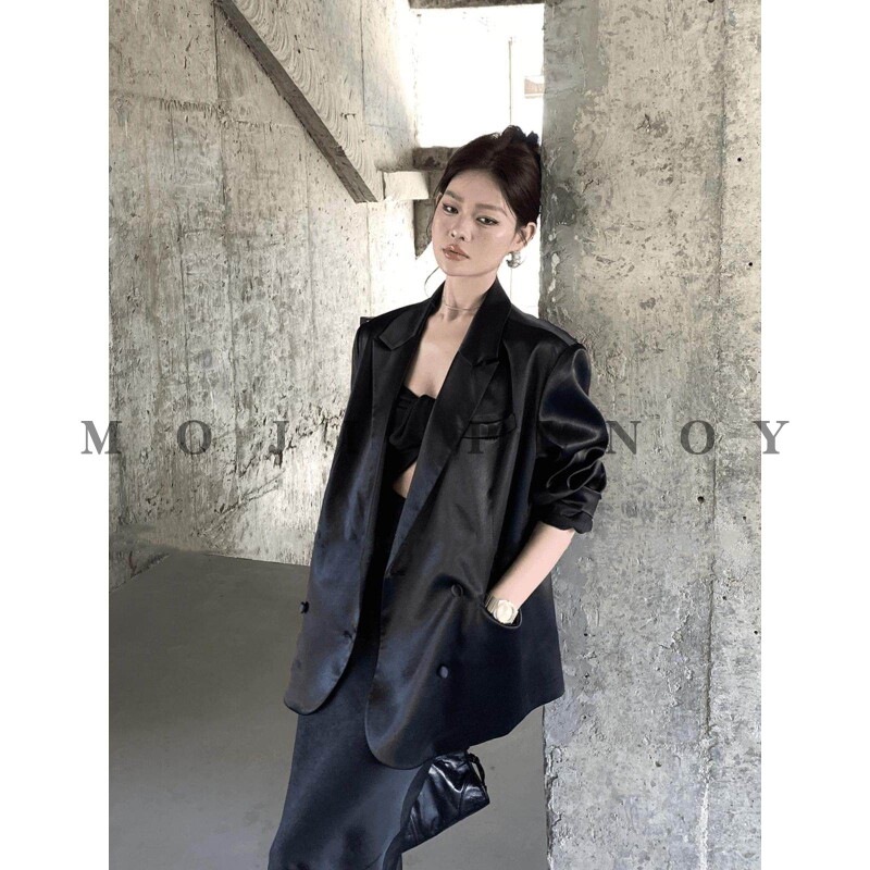 黑色高级绸缎小西装外套女