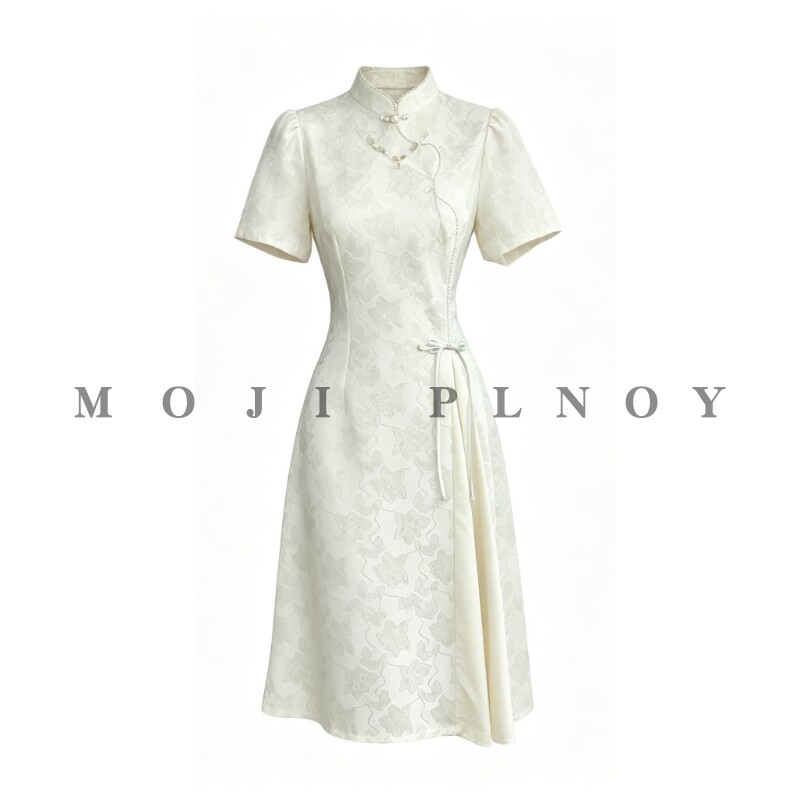 MOJI PLNOY设计感绿色小清新旗袍年轻款2026夏季新款小个子连衣裙