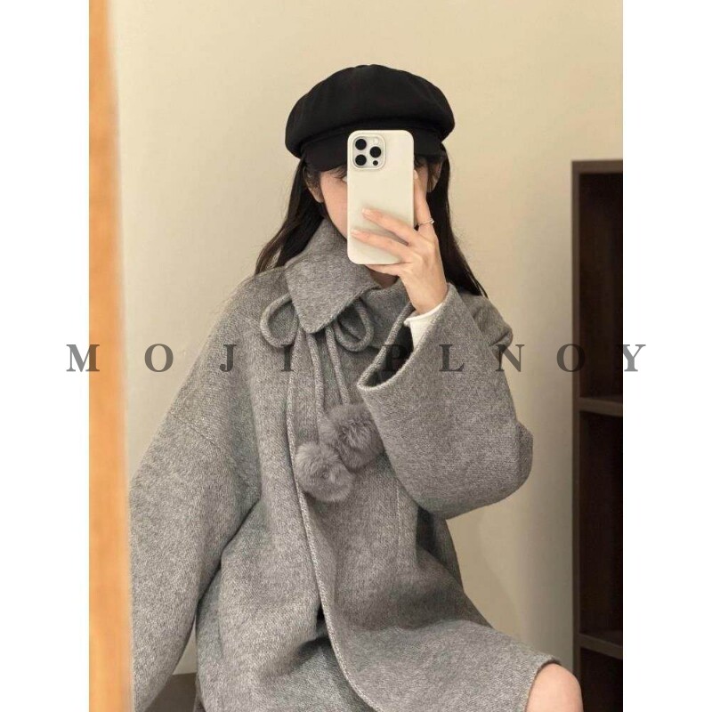 MOJI PLNOY灰色双面羊绒大衣女2026春季韩系中长款羊毛呢斗篷外套