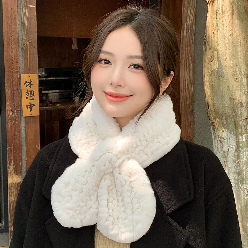 韩版真獭兔毛编织双面围巾围脖女