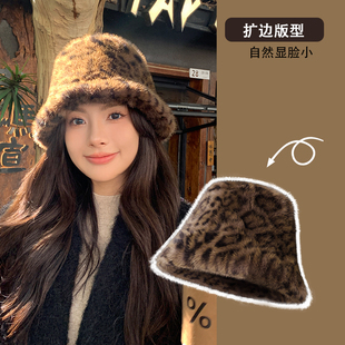 仿貂绒豹纹渔夫帽子女显脸小加厚保暖帽子东北毛绒大头围防寒盆帽