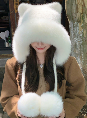 新款狐狸毛兔绒混纺针织帽女秋冬季可爱韩版小熊保暖护耳皮草帽子