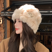 可爱毛绒兔毛小花帽子女冬网红皮草秋冬季 加厚毛绒保暖毛线针织帽