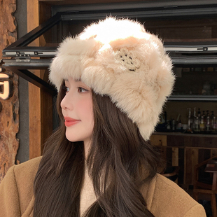 可爱毛绒兔毛小花帽子女冬网红皮草秋冬季加厚毛绒保暖毛线针织帽