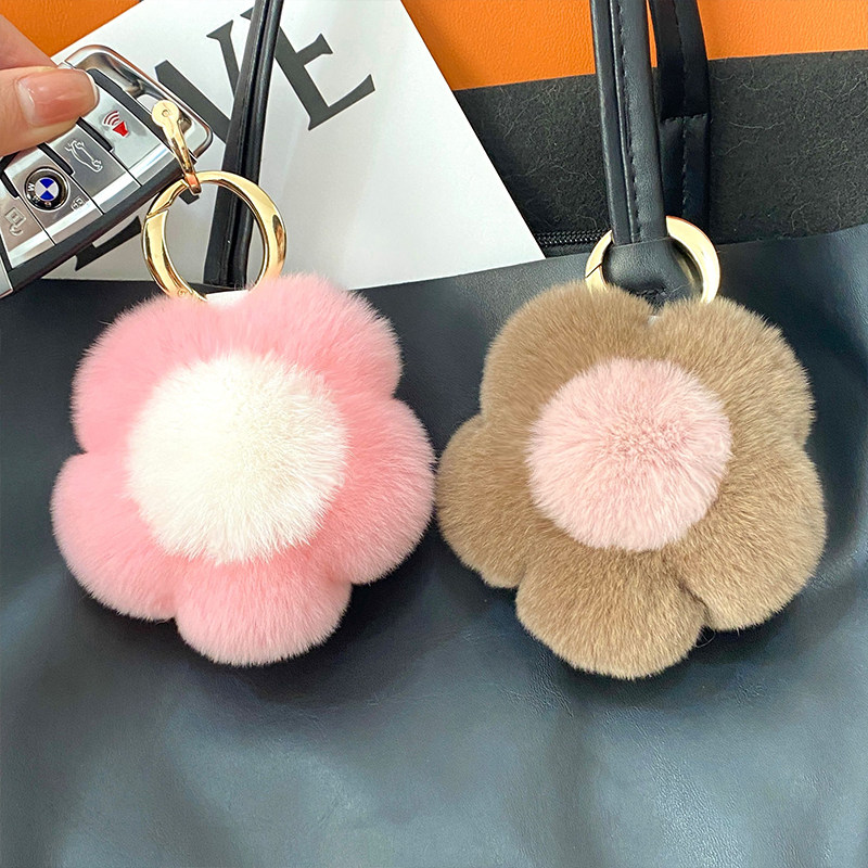 OTTER RABBIT FUR SMALL FLOWER CAR KEY CHAIN PENDANT CUTE PLUSH SUNFLOWER FURBALL SCHOOL BAG BAG PENDANT BIRTHDAY GIFT