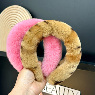 韩国ins真獭兔毛豹纹发箍冬季皮草兔毛纯色发饰宽版发带毛毛发卡