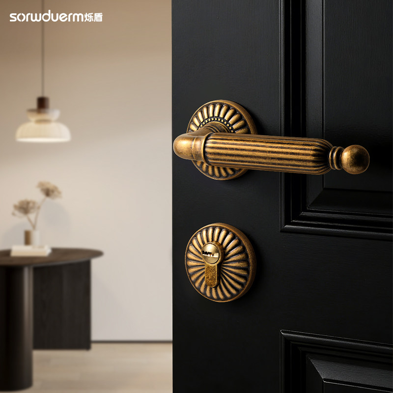 烁盾法式黄古铜卧室门锁室内门把手静音磁吸分体锁复古美式木门锁