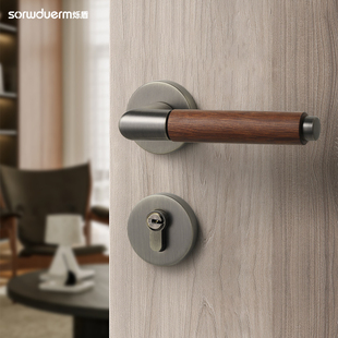 烁盾青古新中式门锁室内卧室房门锁胡桃木覆古静音磁吸两件式门把