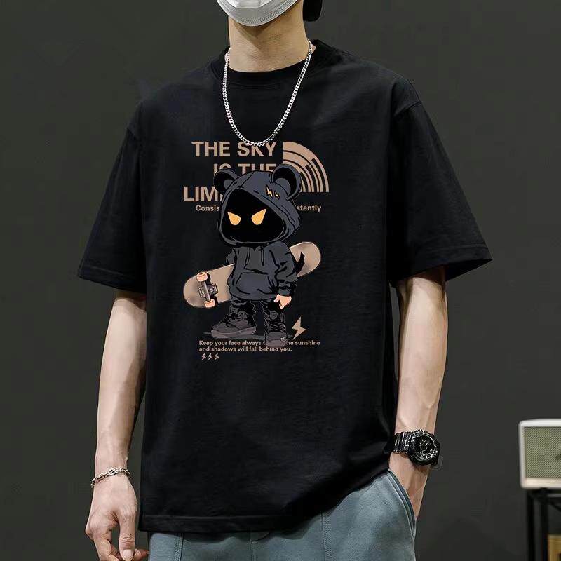 美式滑板鞋设计感卡通重磅纯棉短袖T恤男夏季宽松ins潮牌痞帅半袖