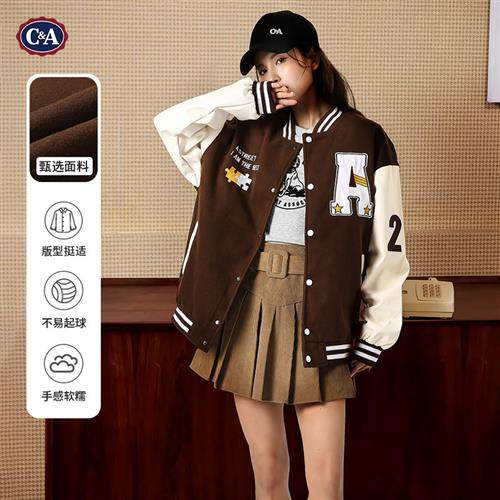 C&A情侣服男女字母秋季2023宽松情侣美式复古夹克棒球外套.22