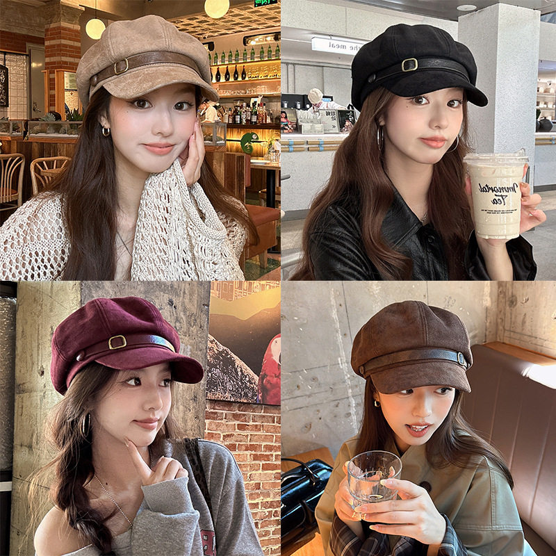 秋冬英伦风八角帽大帽檐麂皮皮带扣大头报童气质百搭显脸小贝雷帽