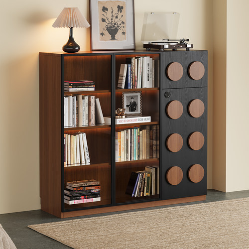 中古风实木书柜客厅复古带玻璃门