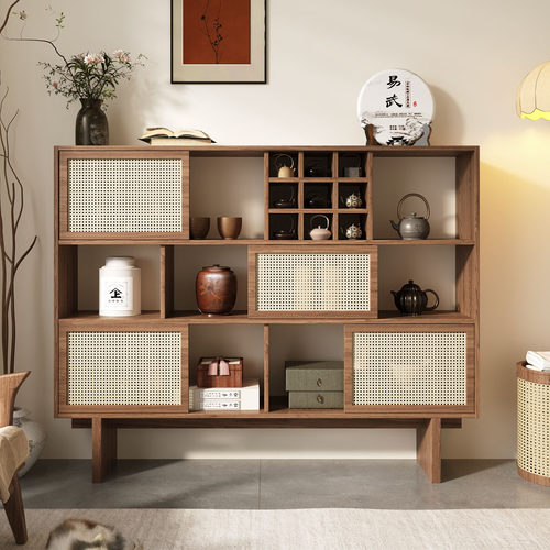实木藤编博古架茶室茶具收纳