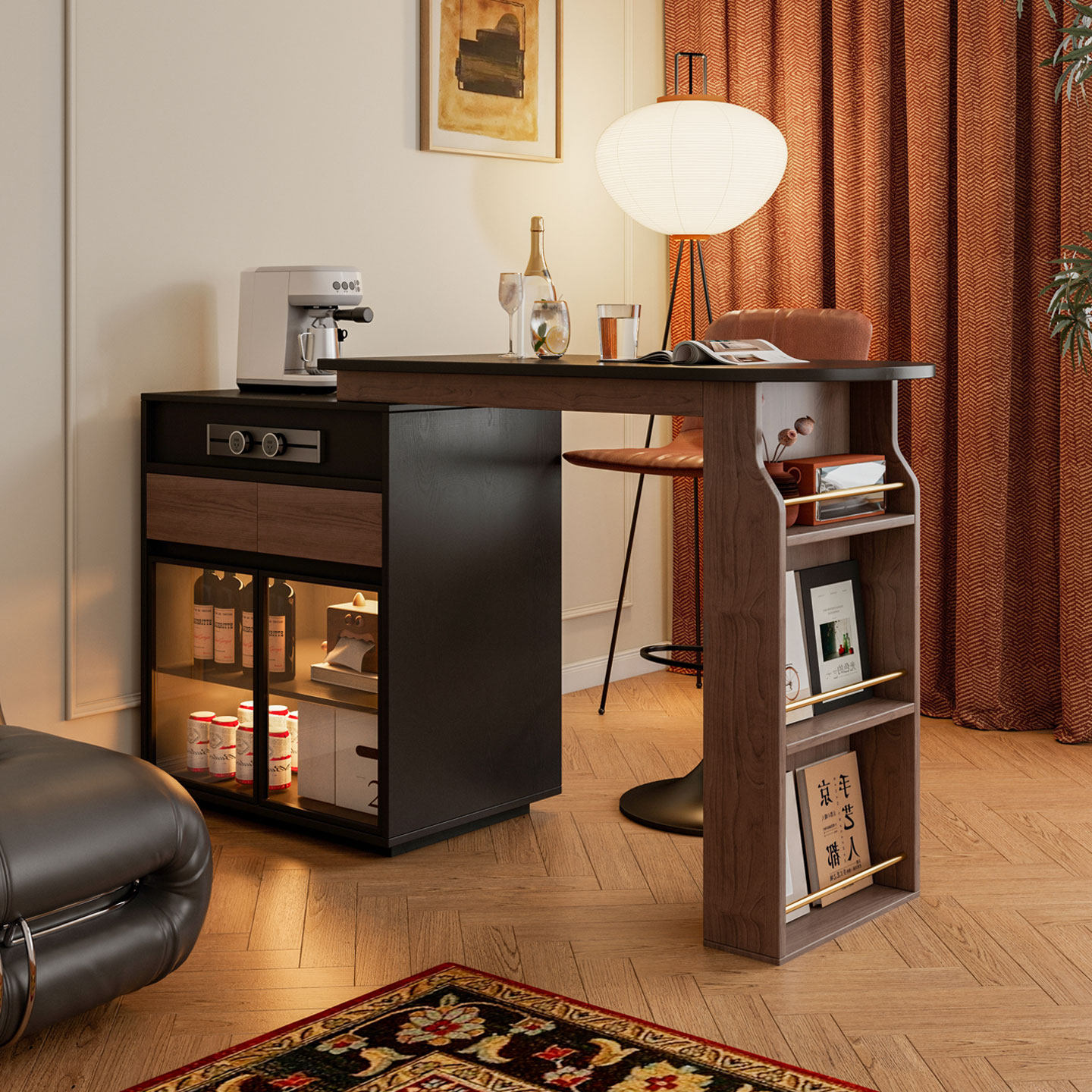 中古风伸缩旋转咖啡桌吧台柜家用客厅靠墙双面沙发隔断长条小边柜
