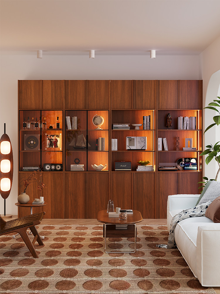 实木骨架线客厅书柜储物柜集成墙到天花板玻璃门到顶组合展示柜定