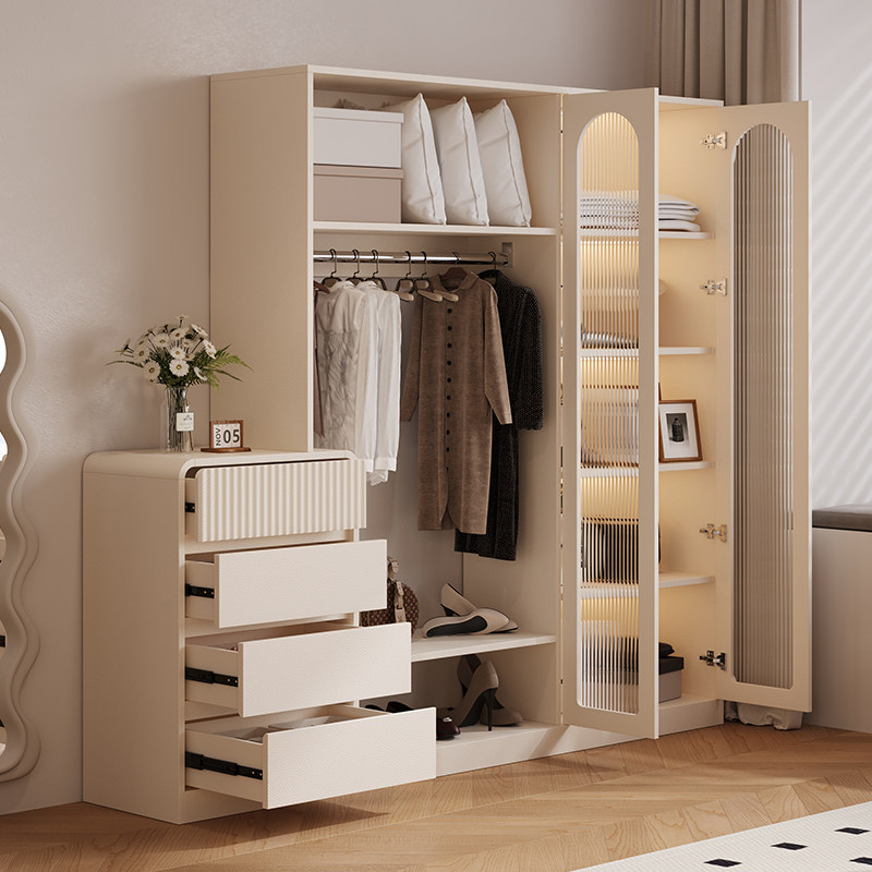 奶油风窄款实木衣柜2026新款家用卧室小户型收纳柜一体式衣帽架