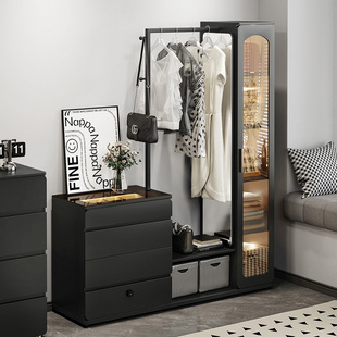 简约风落地挂衣架斗柜一体家用卧室可伸缩穿衣镜多功能实木衣帽架