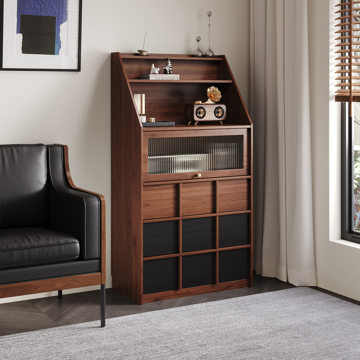 复古实木餐边柜靠墙中古风斗柜客厅沙发旁小型茶水柜咖啡机摆放台