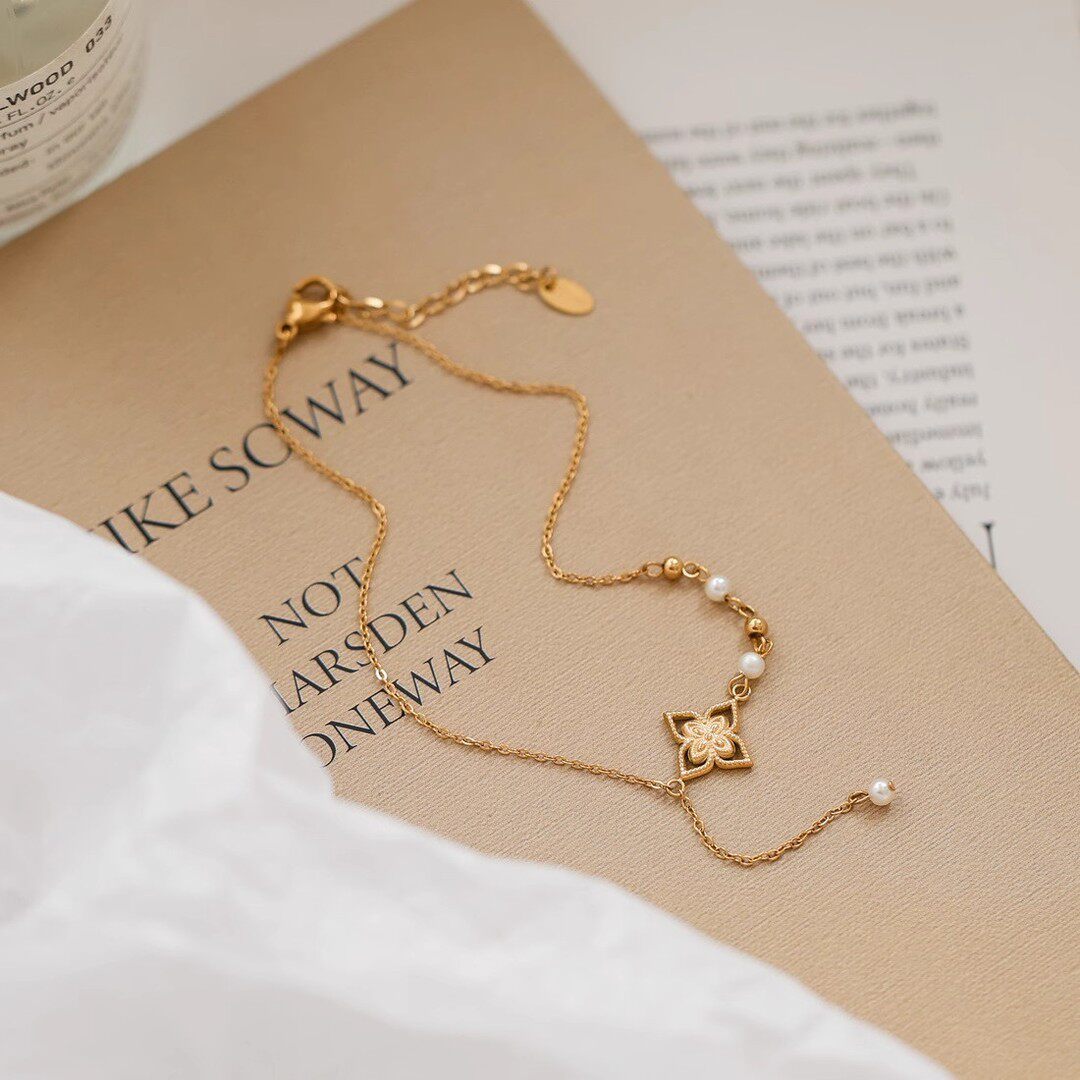 铜合金脚链 新中式金色花朵仿珍珠流苏脚链女2026新款高级感脚饰