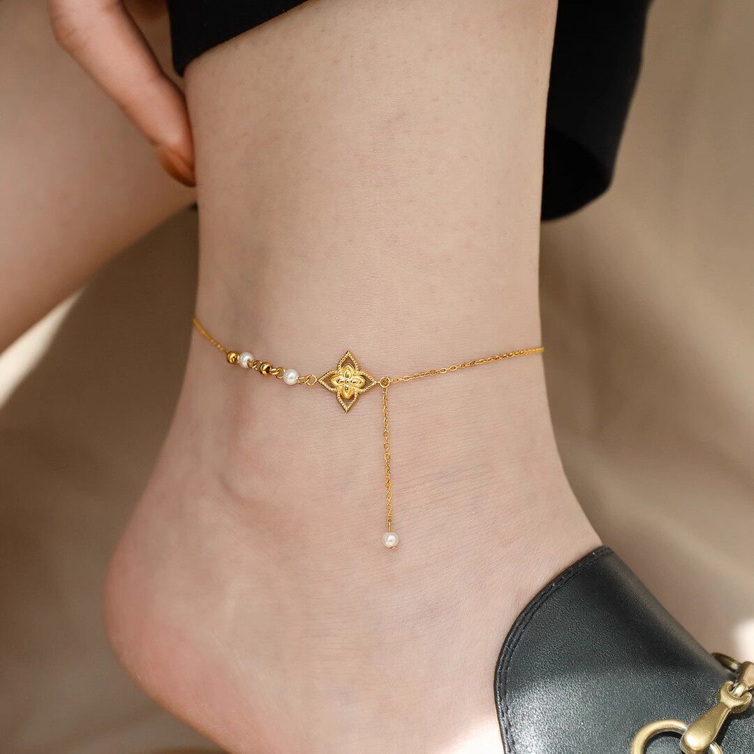 铜合金脚链 新中式金色花朵仿珍珠流苏脚链女2026新款高级感脚饰