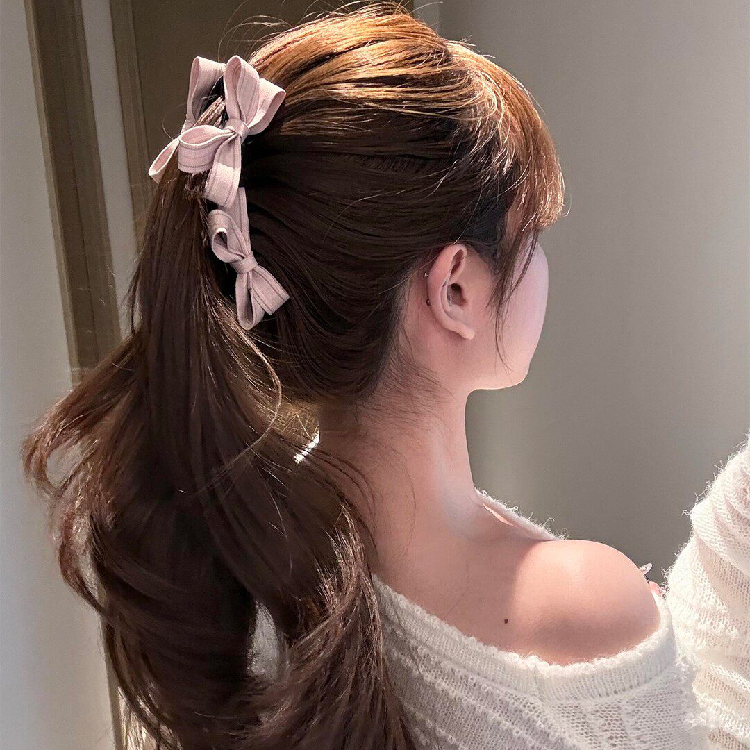 超温柔粉色双面蝴蝶结香蕉夹竖夹女高马尾发夹后脑勺抓夹发饰发卡