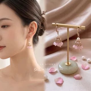 粉色仿水晶流苏耳坠波西米亚风