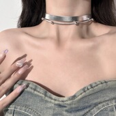 银色赛博朋克风choker双层项链辣妹皮质小众设计感项圈脖子配饰品