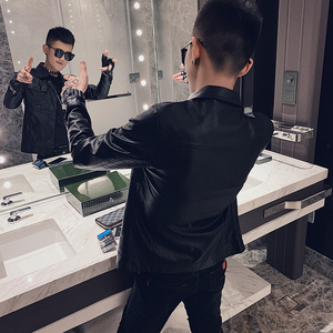 2025新款翻领皮衣男帅气修身机车服pu皮夹克外套P1902-P115绒125图片