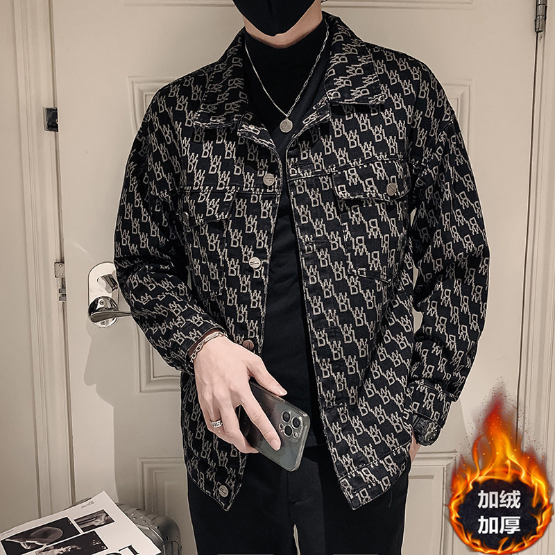 冬季新款印花牛仔夹克外套男加绒加厚潮流牛仔衣JK951-P95绒115,男装夹克,电商A368