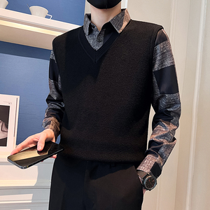 秋冬季衬衫领毛衣男V领假两件潮流百搭鸡心领针织衫CM203-P85图片