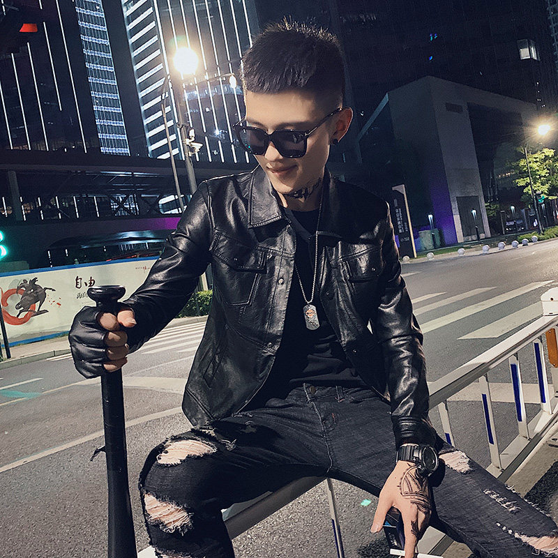 2025新款翻领皮衣男帅气修身机车服pu皮夹克外套P1902-P115绒125,男装夹克,电商A368