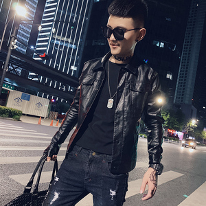 2025新款翻领皮衣男帅气修身机车服pu皮夹克外套P1902-P115绒125图片