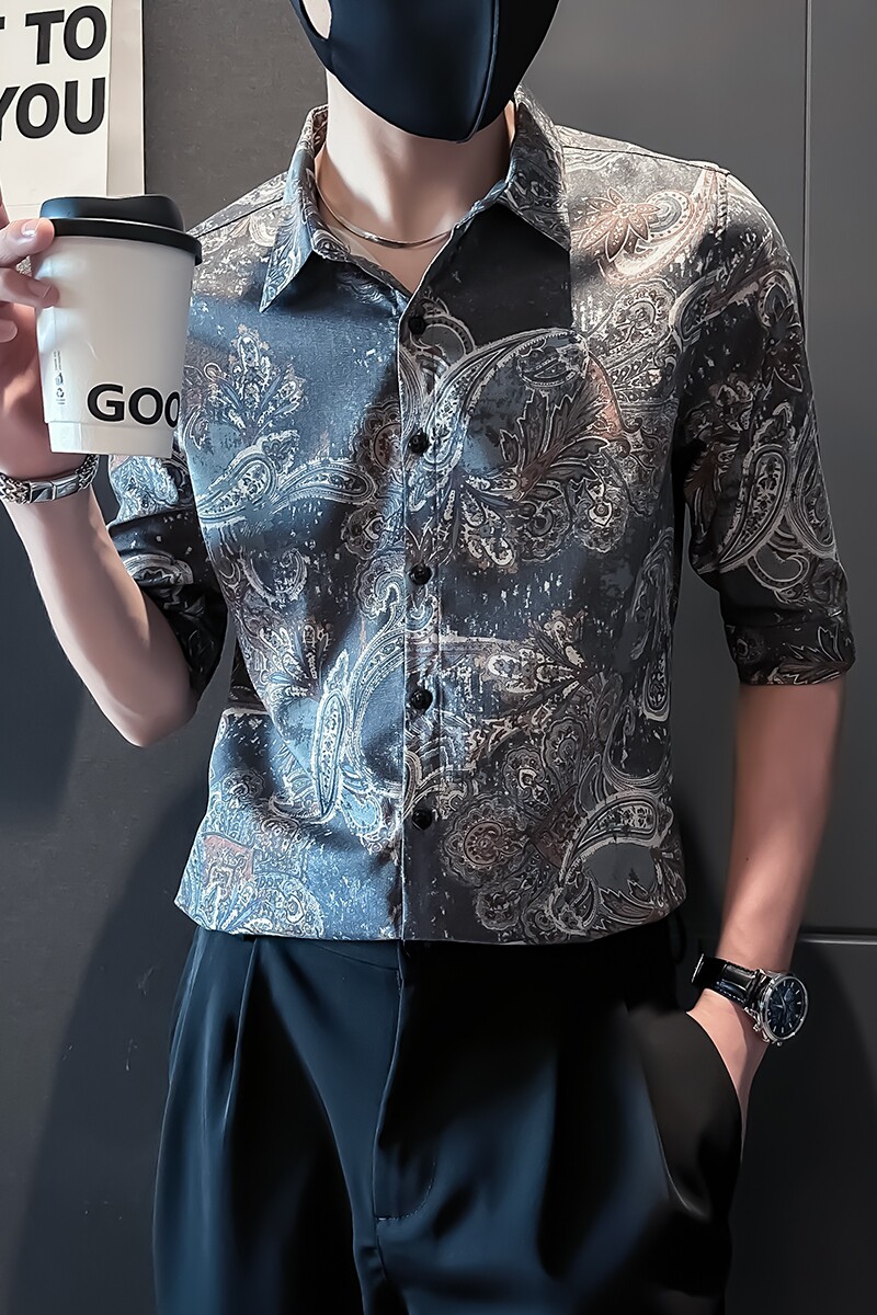 男士七分袖衬衫男潮流修身民族风腰果花中袖衬衣A368-CS310-P65,男装民族服装,电商A368