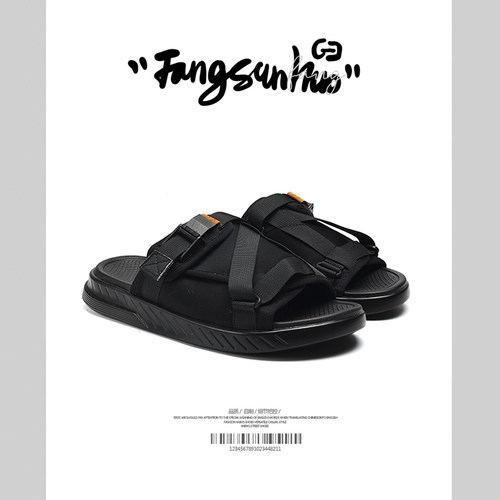 @方三火 夏季黑色拖鞋男小众原创厚底室外沙滩踩屎感一字拖鞋男鞋