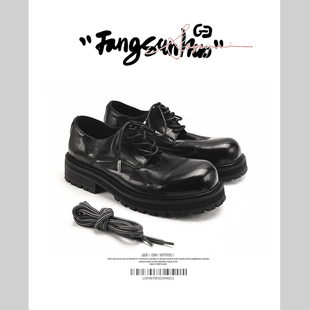 方三火 黑色皮鞋男日系复古进口水洗马皮圆头德比鞋增高马丁鞋男