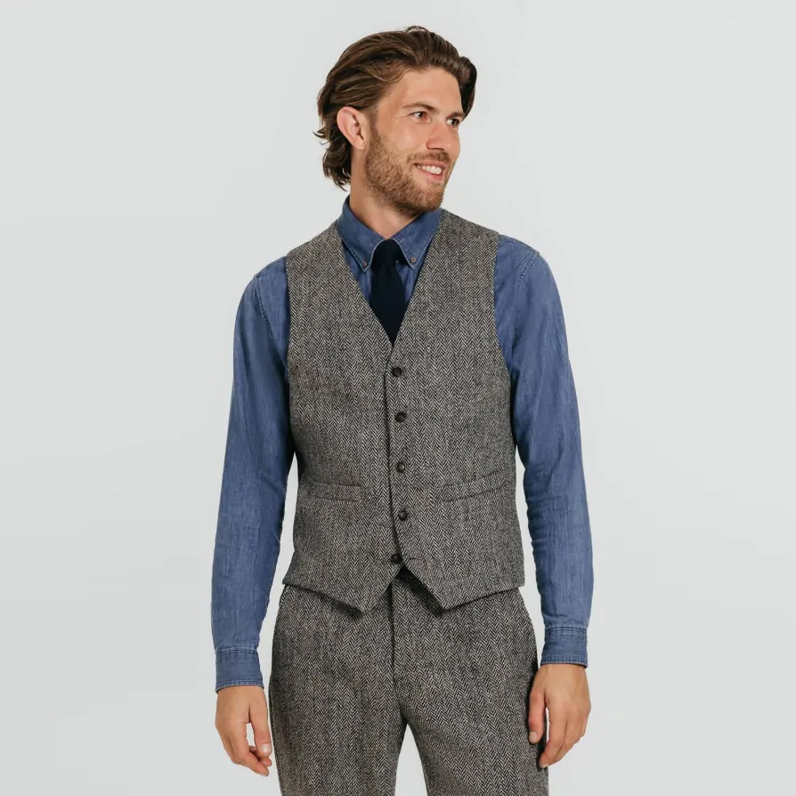 复古粗花呢修身羊毛西装马甲男