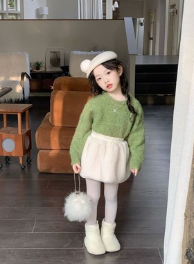 女童新款秋冬韩版圈圈纱套头上衣绿色圆领针织毛衣毛毛半裙套装潮