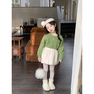 女童新款秋冬韩版圈圈纱套头上衣绿色圆领针织毛衣毛毛半裙套装潮