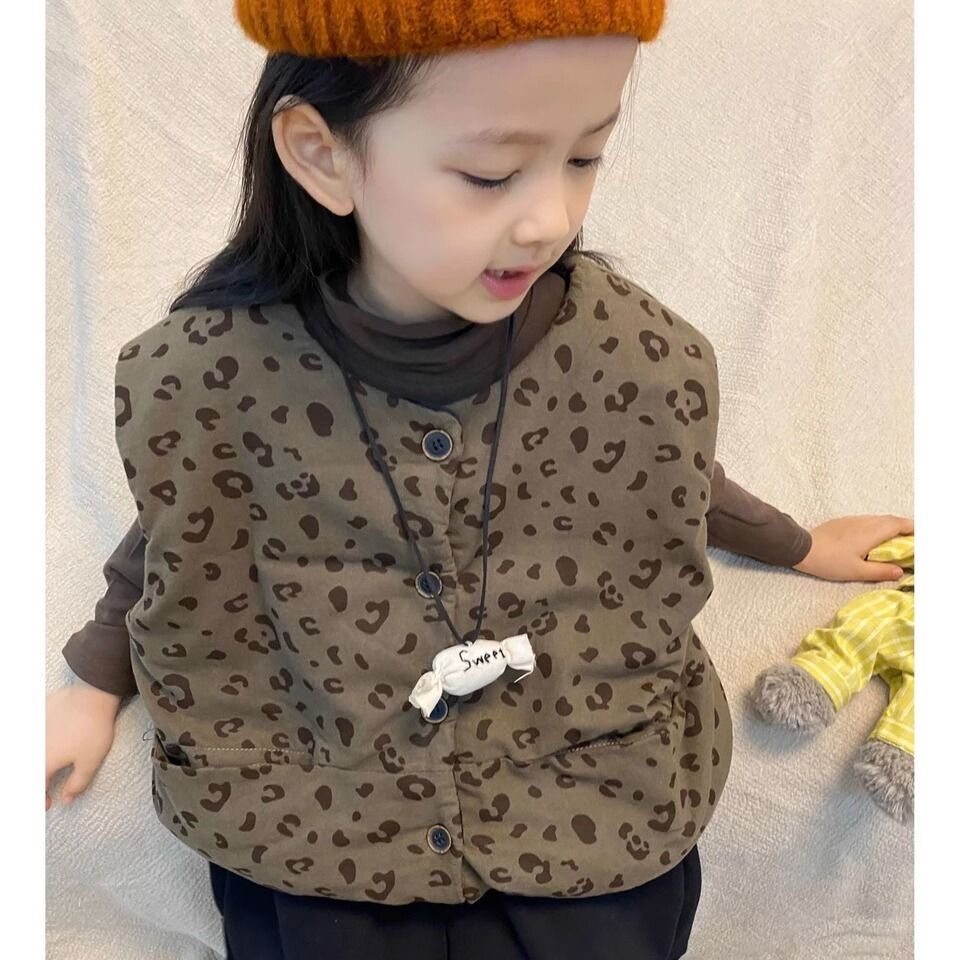 女童洋气豹纹加绒夹棉马甲外套秋冬季2025新款儿童宝宝棉服坎肩潮