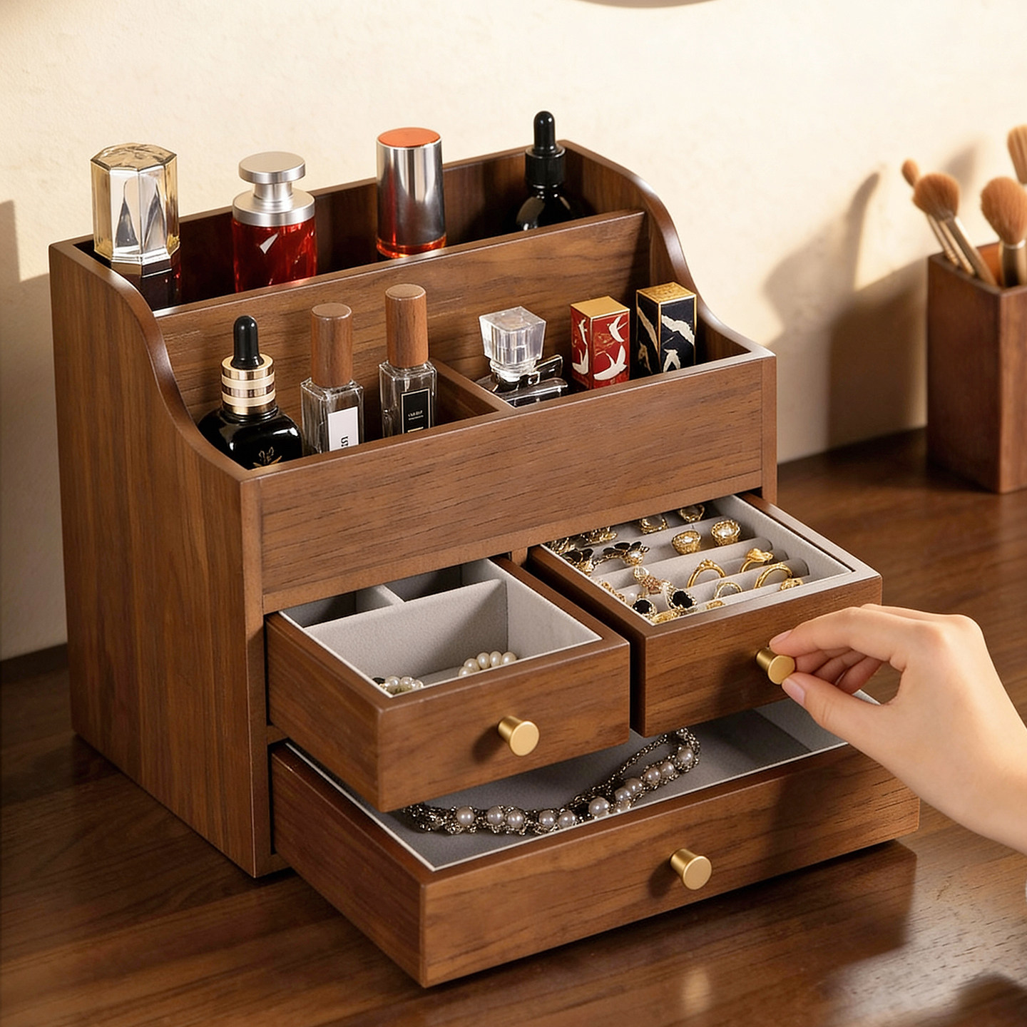 化妆品收纳盒桌面木质多层高级感护肤品香水口红收纳梳妆台首饰盒