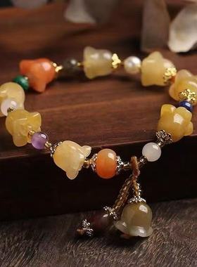 天然金丝玉风铃款式手链 彩色玉石石英岩兰花款式珠子手链 精美