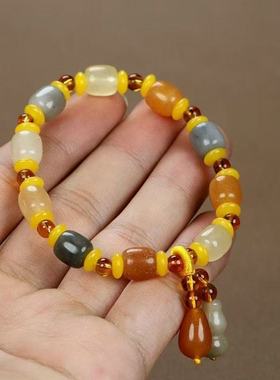 五彩金丝玉米型珠手链 天然石英岩桶珠手链 包邮