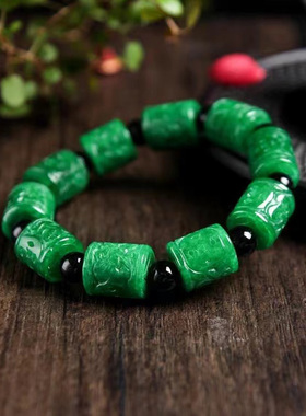 干青翠玉石路路通手链雕花筒珠 隔玛瑙珠翡翠色手链男士女士手串