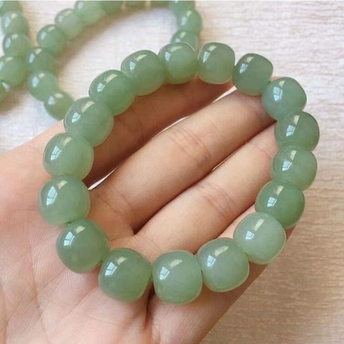 天然东陵玉老型珠手链 浅绿色玉石路路通手链复古风桶珠手链