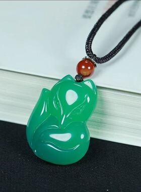 天然绿玛瑙狐狸吊坠冰透玛瑙小灵狐吊坠招财转运项链