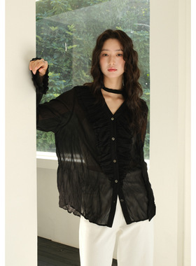 NEIHE内赫2026新款荷叶边褶皱雪纺长袖衬衫女春季新款高级感上衣