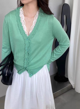 2026新款简约宽松纯色V领显瘦木耳边针织衫女春款花边领薄上衣