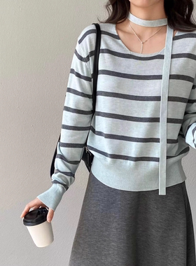 2026新款法韩系撞色条纹飘带长袖针织毛衣女早春季休闲上衣