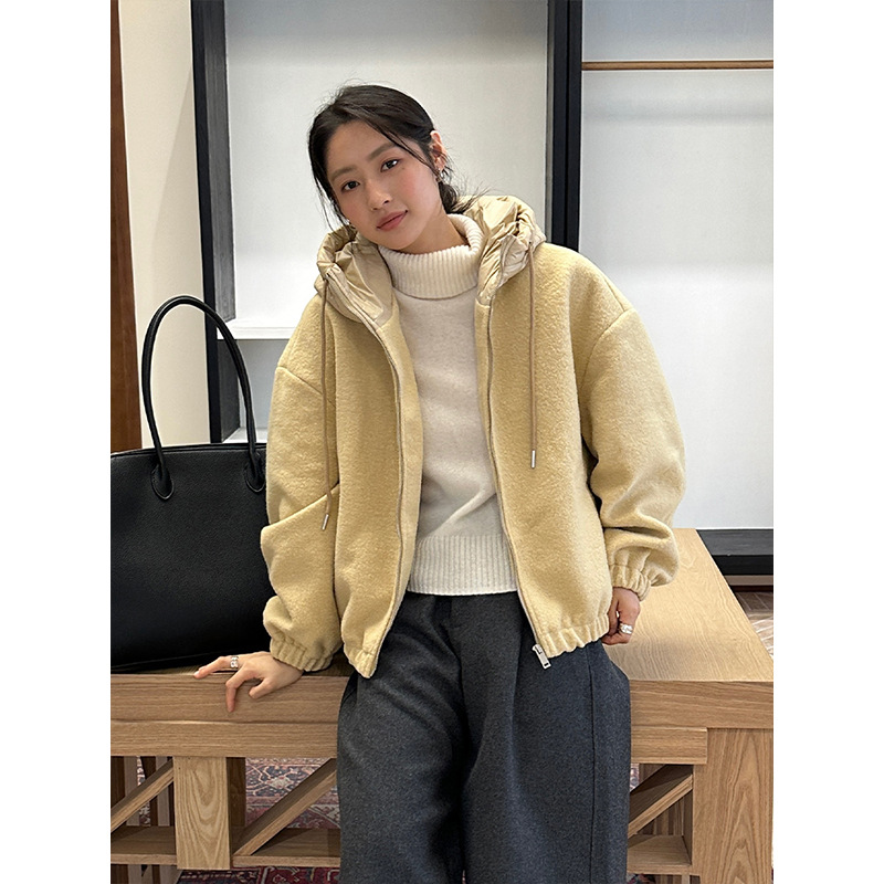 THE MIND羊毛加厚连帽抽绳拼接外套2025冬装新款韩版休闲女呢上衣